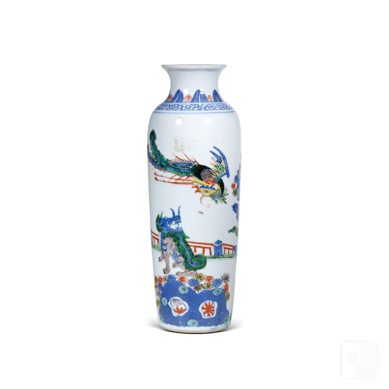 清光绪青花五彩麟凤呈祥纹小筒瓶